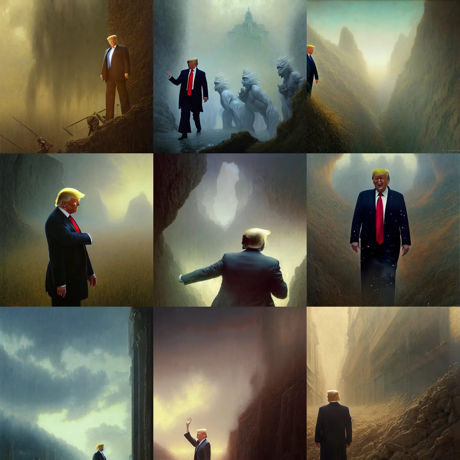 Prompt: Donald Trump, hyperrealism, no blur, 4k resolution, ultra detailed, style of Greg Rutkowski, Carlos Schwabe, Dragan Bibin, Carl Spitzweg, Georges Desvallières, Tyler Edlin