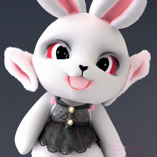 Image similar to cute fumo plush bunny girl, floppy ears, gothic maiden, alert, furry anime, vray, smile