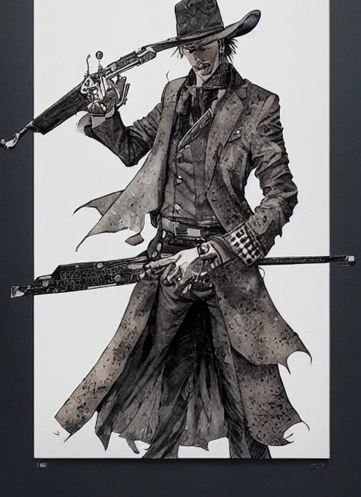 Prompt: a gunslinger twirling revolvers on his fingers, by takehiko inoue and kim jung gi and hiroya oku, masterpiece ink illustration