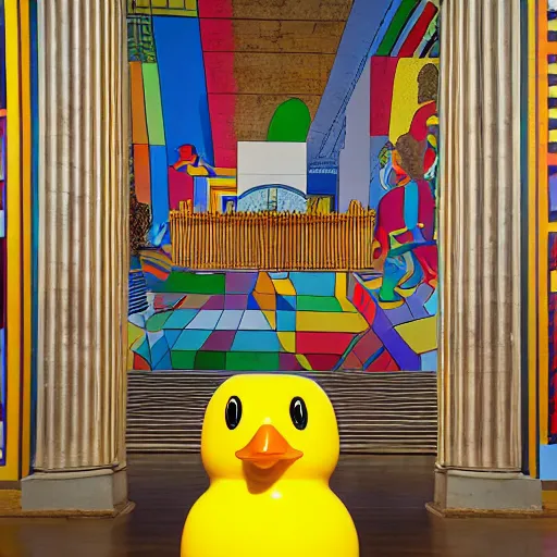 Image similar to wide shot, one photorealistic rubber duck in foreground on a pedestal in an cavernous museum gallery, metropolitan museum of art, the walls are covered with colorful geometric wall paintings in the style of sol lewitt, tall arched stone doorways, through the doorways are more wall paintings in the style of sol lewitt.