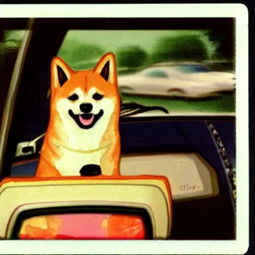 Prompt: cartoon of a shiba inu driving a car, 1977 picture, polaroid, nostalgic feeling