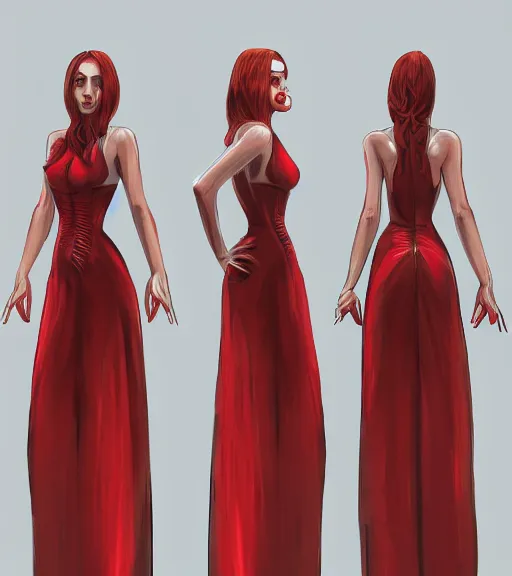 Image similar to a woman wearing a wide dress, full body shot, red hair, highly detailed, digital painting, artstation, concept art, smooth, sharp focus, illustration