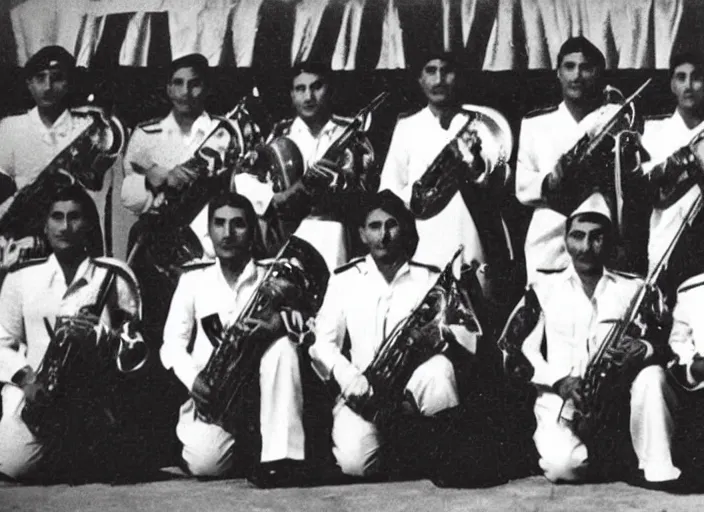 Image similar to saudi military band in 1950s, old photograph