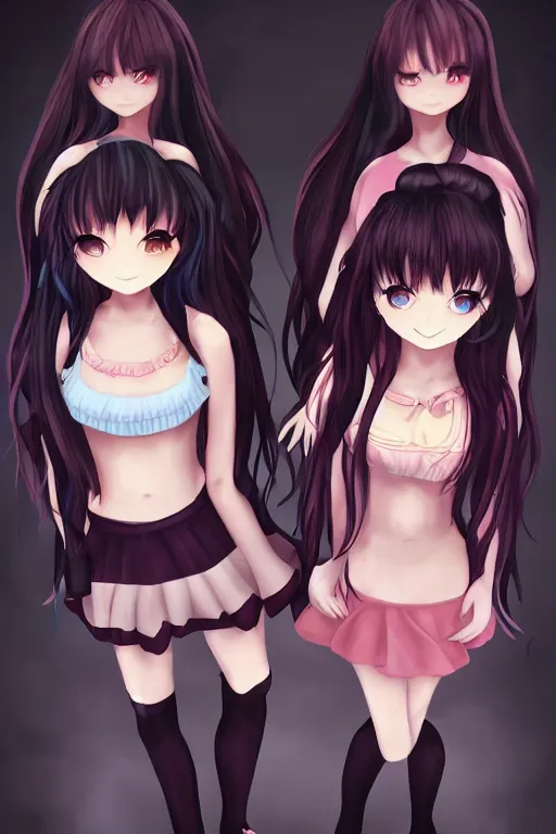 Image similar to two beautiful female idols with twintails standing chest to chest, dark background, digital art