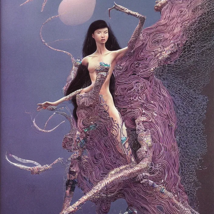 Image similar to chinese princess, full body, high fashion, futurist, aerodynamic, flowing, intricate, slick, highly detailed, digital painting, cyberpunk, concept art, smooth, sharp focus, hd, art by wayne barlowe and bruce pennington and annie leibovitz