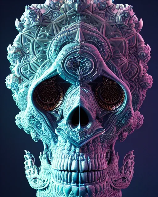 Image similar to 3 d ornate carved dark cosmic king with profile portrait, sigma 5 0 0 mm f / 5. beautiful intricate highly detailed quetzalcoatl skull. bioluminescent, plasma, lava, ice, water, wind, creature, thunderstorm! artwork by tooth wu and wlop and beeple and greg rutkowski, 8 k trending on artstation