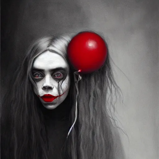Image similar to painting of Billie eilish with a wide smile and a red balloon by Zdzisław Beksiński, loony toons style, pennywise style, corpse bride style, creepy lighting, horror theme, detailed, elegant, intricate, conceptual, volumetric light