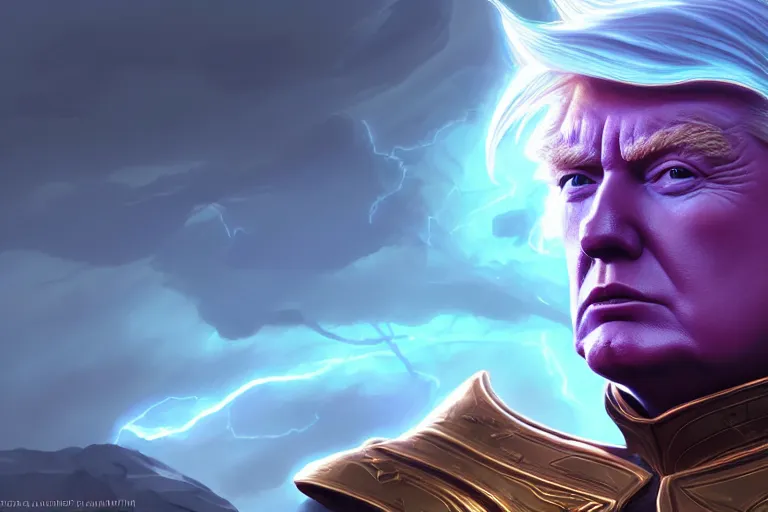 Image similar to portrait of storm wizard donald trump, landscape, illuminated armor, detailed face, rule of thirds, league of legends splash art, path traced, enigmatic lighting, crimson gradient, purple color scheme, shinji aramaki, karol bak, alphonse mucha, colin searle, artstation, ray tracing octane unreal engine 5 digital painting