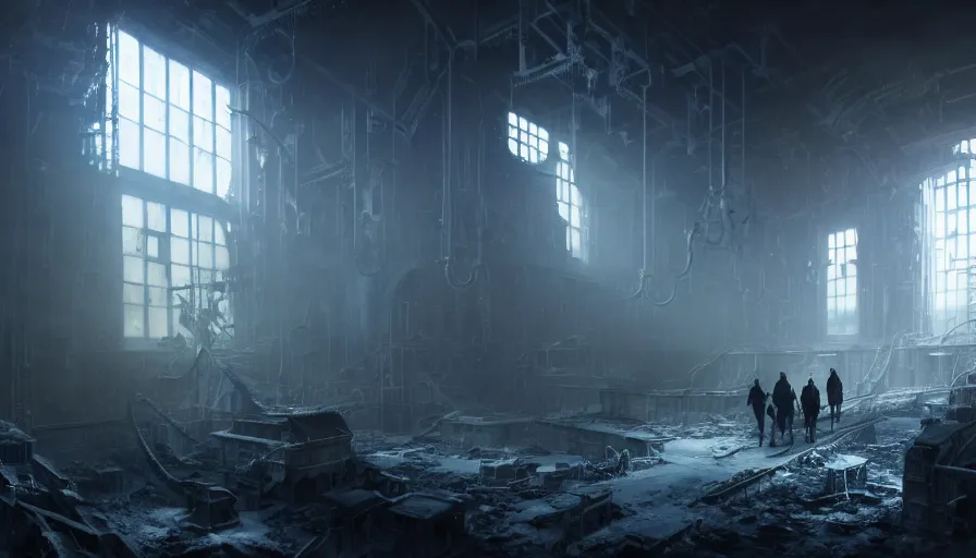 Image similar to high tech nomands exploring abandoned laboratory on splitzbergen, artic station, frostpunk, scifi, dark scifi, space horror, light, shadows, reflections, steam, epic composition, intricate, elegant, volumetric lighting, digital painting, highly detailed, artstation, sharp focus, illustration, concept art, ruan jia, steve mccurry