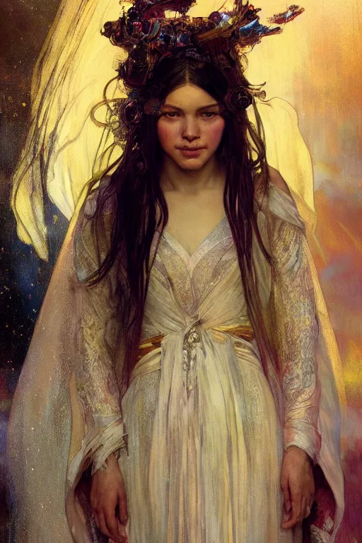 Image similar to hyperrealist portrait of a girl emperorit is decorated with long robes that fall like stars. by jeremy mann and alphonse mucha, fantasy art, photo realistic, dynamic lighting, artstation, poster, volumetric lighting, very detailed faces, 4 k, award winning