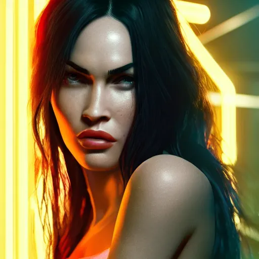 Image similar to Megan Fox portrait, ultra photorealistic, Cyberpunk 2077, neon, octane, bokeh, 8k