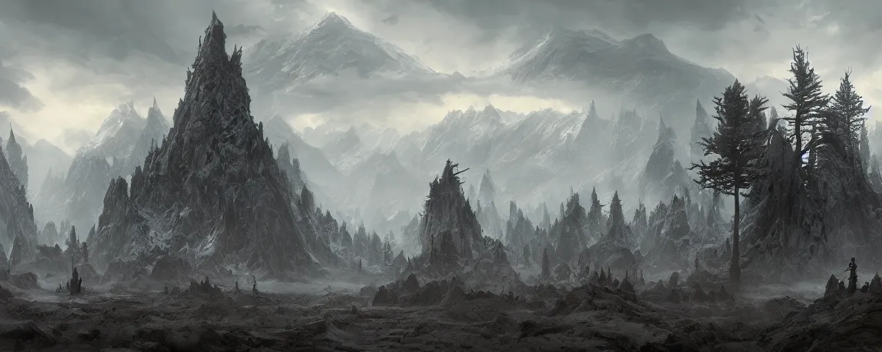 Image similar to a stark landscape with forests and mountains, with wizards roaming across it, very detailed concept art, matte painting, digital art, concept art, realistic beautiful, trending on Artstation, Greg Rutkowski