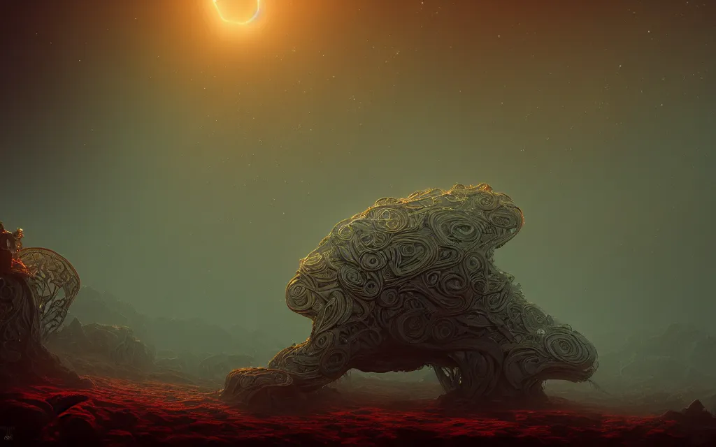 Prompt: the soul crushing weight of unlived dreams inflicts pain on the mind, intricate detailed illustration, fractal, cinematic lighting, wide angle, volumetric light scattering, bioluminescent, 8k, artstation, concept art, octane render, sunset, >>>mist<<<