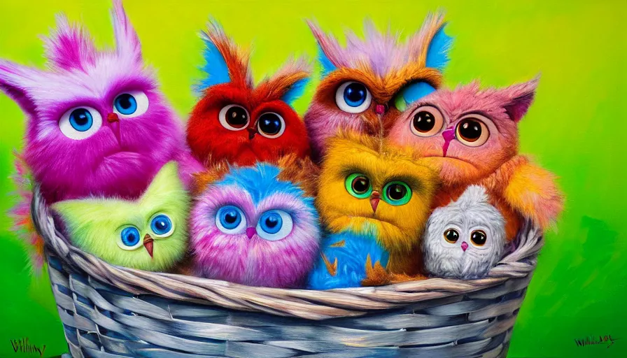 Image similar to highly detailed painting of 9 0 s furby toys cuddling up in a basket by william turner, thick brush strokes and visible paint layers, 4 k resolution