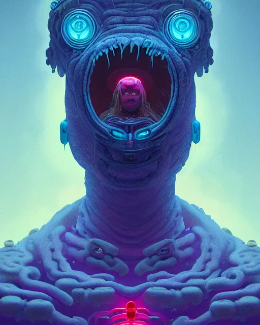 Image similar to portrait of a creepy bioluminescent monster, highly detailed, digital painting, cinematic, hyperrealism, dark retrowave, art by simon stalenhag and stanley lau and artgerm and magali villeneuve and alphonse mucha, artstation hd, octane render, cgsociety
