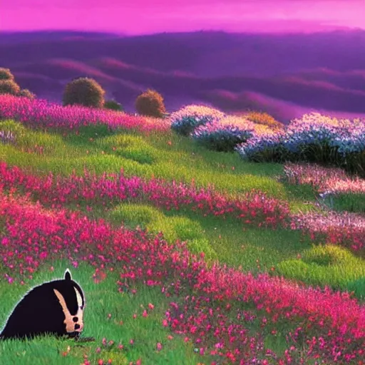 Prompt: a still from a ghibli movie, of a hilly flower meadow at twilight, with a badger