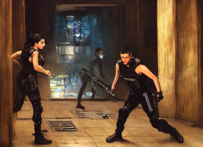 Prompt: sophia evades sgt Griggs. Cyberpunk hacker wearing jumpsuit escaping Cyberpunk police troopers (police state, Cyberpunk 2077, blade runner 2049). Iranian orientalist portrait by john william waterhouse and Edwin Longsden Long and Theodore Ralli and Nasreddine Dinet, oil on canvas. Cinematic, hyper realistic, Dramatic lighting.