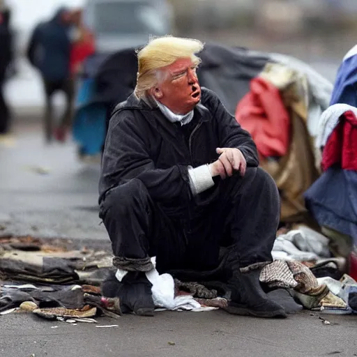 Image similar to donald trump dressed as a homeless man living in the slums