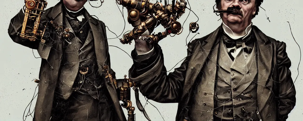 Image similar to duotone dark concept illustration 3 / 4 portrait of friedrich nietzsche as steampunk cyborg with dynamite in his hand. highly detailed mechanism cinematic lighting. fibonacci golden ratio accidental renaissance. by sachin teng and sergey kolesov and ruan jia and heng z. graffiti art, scifi, fantasy, hyper detailed. octane render. concept art. trending on artstation