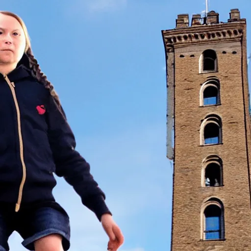 Image similar to photo of greta thunberg being chased by man with short brown curly hair at the top of a very tall tower