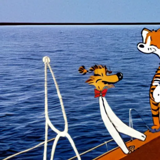 Image similar to calvin and hobbes sailing thier yacht