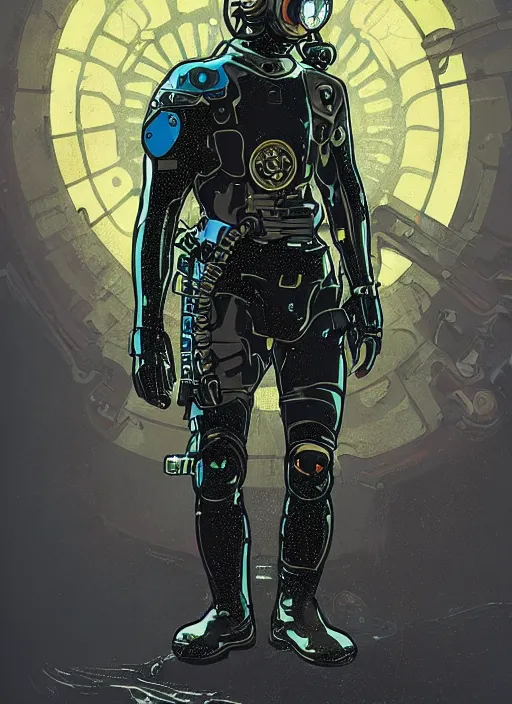 Image similar to cyberpunk deep sea diver. wetsuit. portrait by ashley wood and alphonse mucha and laurie greasley and josan gonzalez and james gurney. splinter cell, apex legends, rb 6 s, hl 2, d & d, cyberpunk 2 0 7 7. realistic face. character clothing. vivid color. dystopian setting.