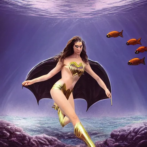 Image similar to Full body photo of the beautiful woman Gal Gadot as a siren, she is swimming under the sea, she is leading a variety of school of fish, she has a glow coming from her, she is getting illuminated for rays of light that cross the sea, the photo was taking by Annie Leibovitz, matte painting, oil painting, naturalism, 4k, 8k