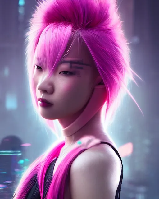 Image similar to portrait of a beautiful asian woman with pink hair as a cyberpunk cyborg half robot, sci - fi, missing panels, intricate abstract upper body intricate artwork, concept art, octane render, deviantart, cinematic, key art, hyperrealism, iridescent accents, portrait photograph, nikon 3 5 mm, photograph by greg rutkowski