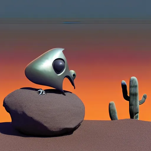 Image similar to a sad Roswell grey alien trying to repair his crashed burning spacecraft in the desert, crashed UFO, crashed Flying Saucer, cactus and rocks in the background, dusk, featured on zbrush central, hurufiyya, zbrush, polycount, airbrush art