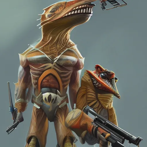 Image similar to gungan with lots of guns and gains, concept art, artstation trending