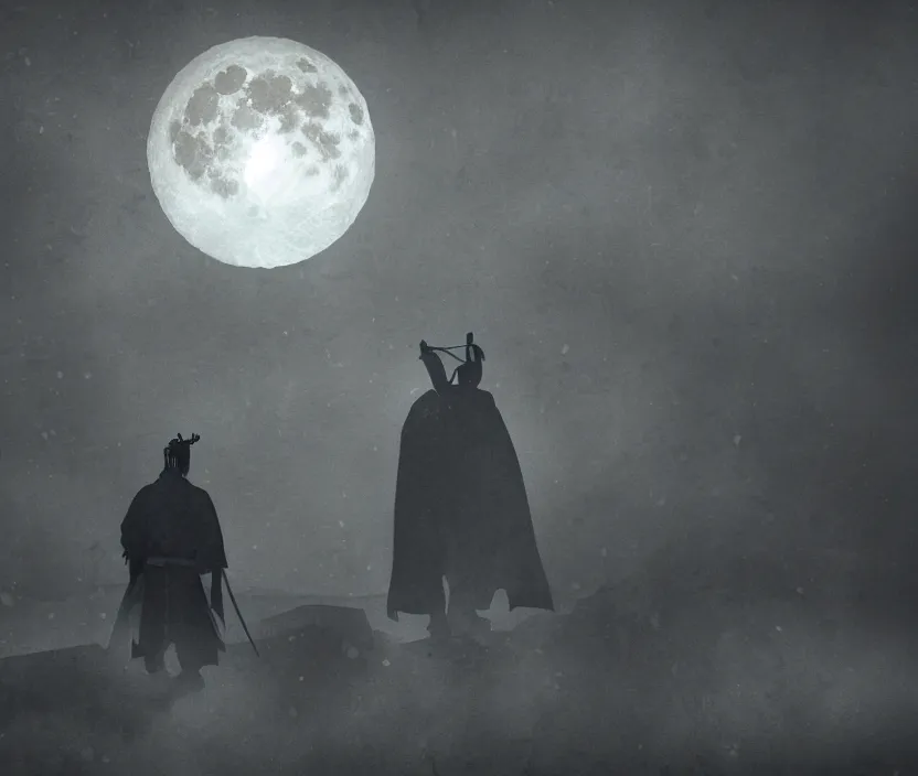 Image similar to '2d design graphic a samurai in the night ,big white moon background , gloomy and foggy atmosphere, octane render, horror scene, highly detailded , black and white ink '