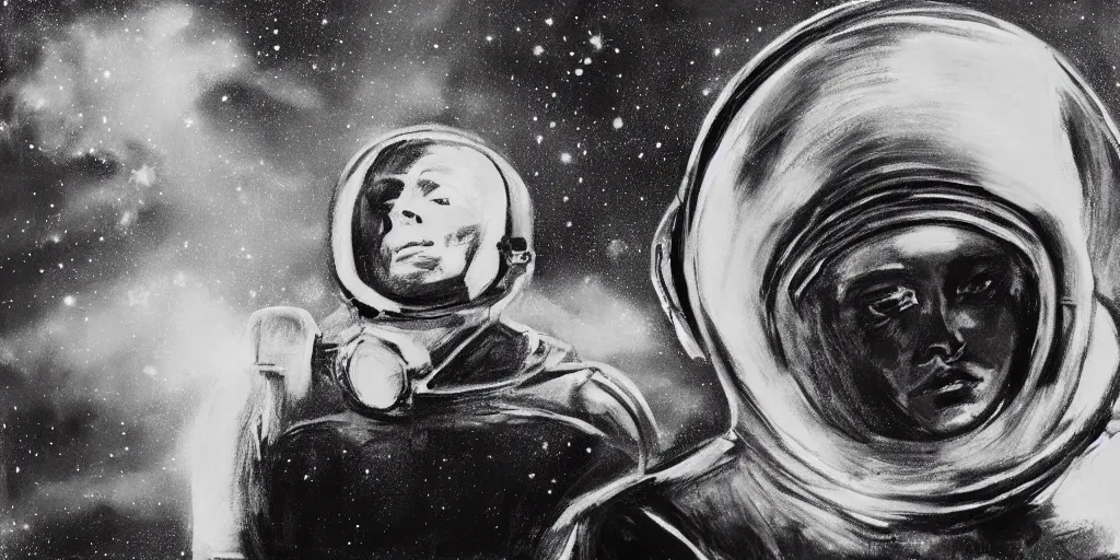 Prompt: charcoal portrait of a woman wearing a space helmet, scifi, big clouds visible in the background, stars in the sky, high contrast, deep black tones, charcoal smears