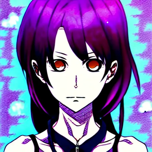 Image similar to style of madhouse studio anime, black lagoon manga, loish, artgerm, comic art, portrait of revy from black lagoon, symmetrical eyes and symmetrical face, jean shorts, white tank top, purple hair, sarcastic evil smirk on face, sky and ocean background