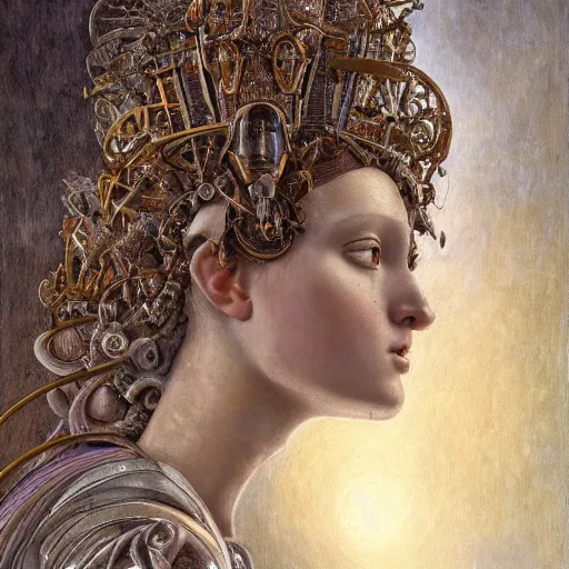 Prompt: a baroque neoclassicist close - up renaissance portrait of a beautiful robot faerie queen with glowing eyes, in profile, moth wings with geometric patterns, reflective detailed textures, baroque dark fantasy science fiction painting by donato giancola and diego rivera and jean delville and moebius and tom bagshaw, dramatic lighting, silver and muted colors, artstation, octane render