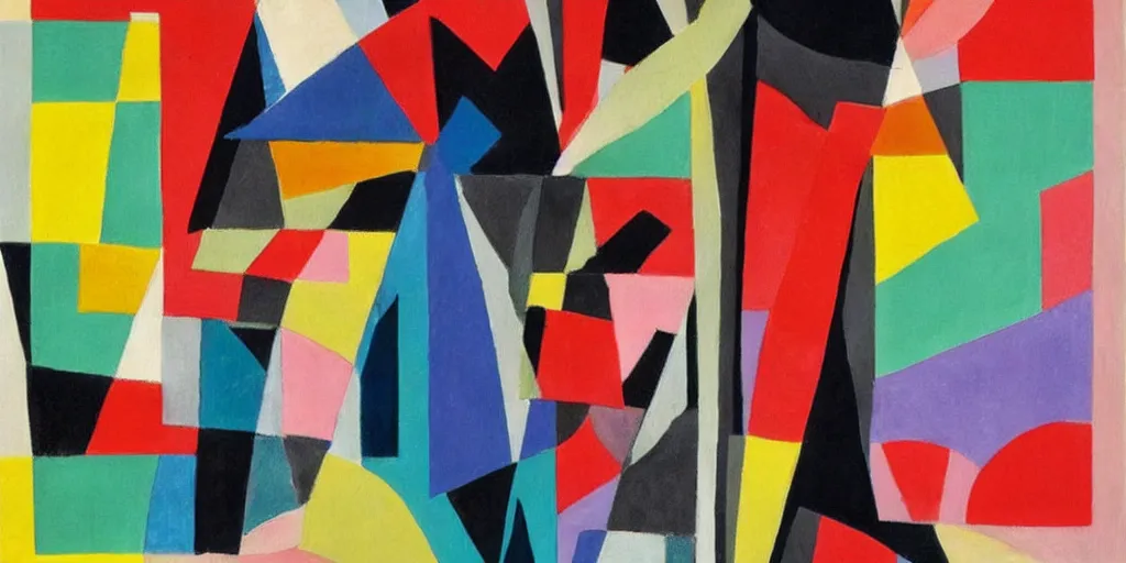 Prompt: painting on a person on the phone, abstract, collage, geometric abstraction, block colours, painting by Sonia Delaunay