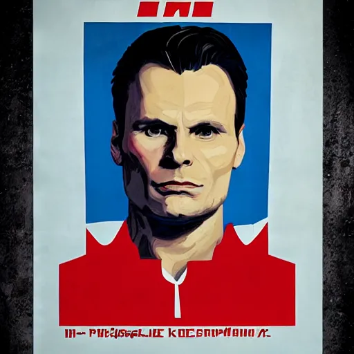 Prompt: Soviet era propaganda poster of Christian Slater from television show Mr Robot (2015)