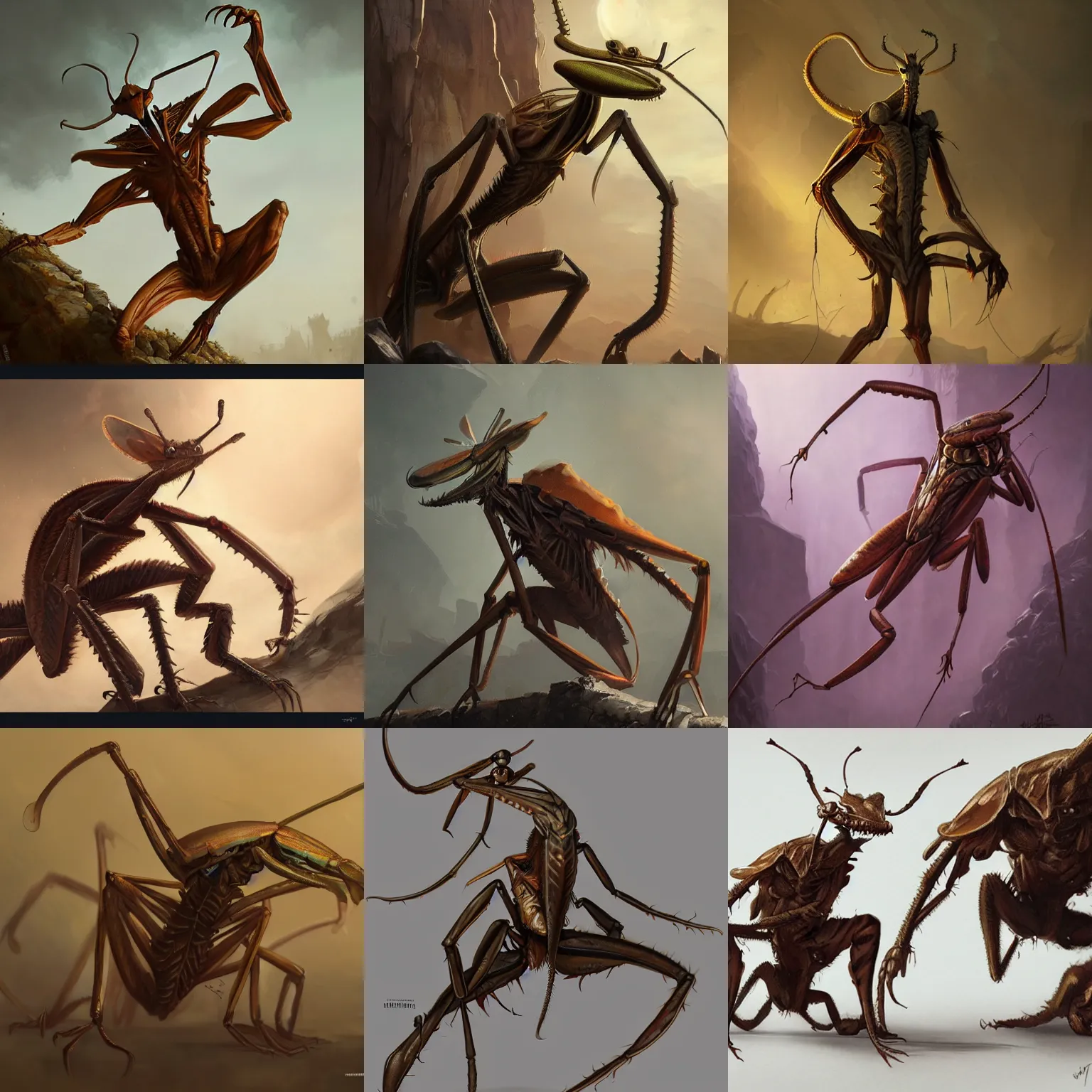 Prompt: an anthropomorphic brown mantis, personified. in style of greg rutkowski and hyung - tae kim, trending on artstation, dark fantasy, great composition, concept art, highly detailed, dynamic pose, vibrant colours, epic, 8 k.