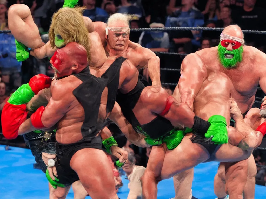 Image similar to Roger Waters Versus Hulk Hogan in WWE Smackdown, Real Event, Realism, HDR, HD, Real WWE Smackdown match between Roger Waters Versus Hulk Hogan