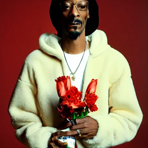 Prompt: Snoop Dogg wearing a mink fur coat, while holding a Vase of flowers for a 1990s sitcom tv show, Studio Photograph, portrait, C 12.0
