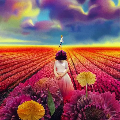 Image similar to giant dahlia flower head, full body girl standing in a flower field, surreal photography, sunrise, dramatic light, impressionist painting, colorful clouds, digital painting, artstation, simon stalenhag