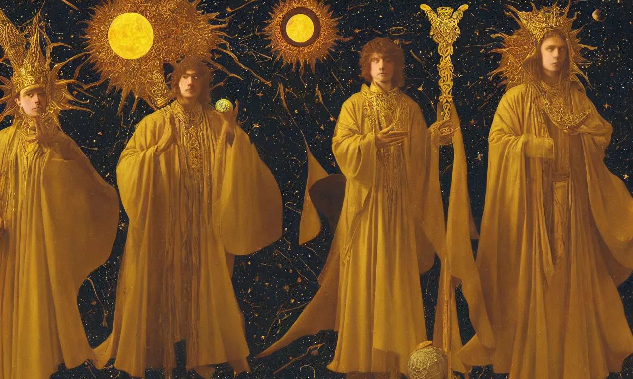 Prompt: sun king and moon prince in the cosmic court of mystical astronomy, art by james c. christensen and thomas cooper gotch