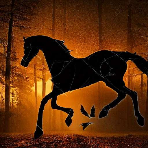 Prompt: photo of a black horse with wings of a a bat flies in the light of the full moon in the forest, high detail