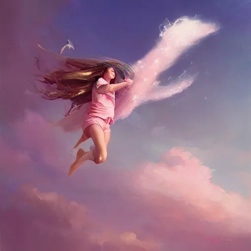 Prompt: a girl with long brown hair flying a dolphin through the sky and fluffy pink clouds, Greg Rutkowski, dynamic lighting, cheerful, award-winning oil painting,