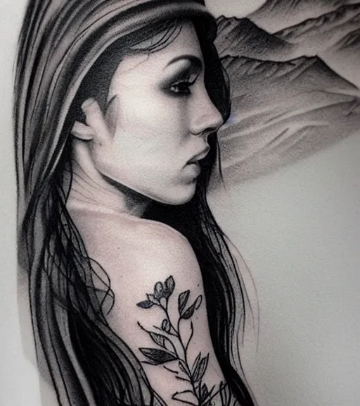 Image similar to tattoo design sketch of a beautiful woman face with a faded background of beautiful mountains and nature on the side, hyper - realistic, in the style of den yakovlev, amazing detail, black and white