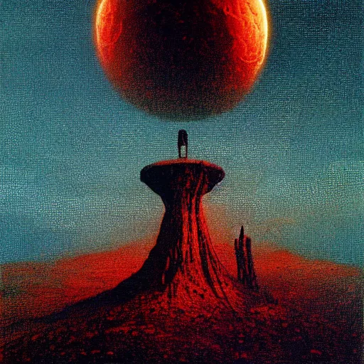 Image similar to nuclear blast moon eclipse, sci - fi, wet brush, poster art, concept art by beksinski and jean delville, illustrated in the style of iain mccaig