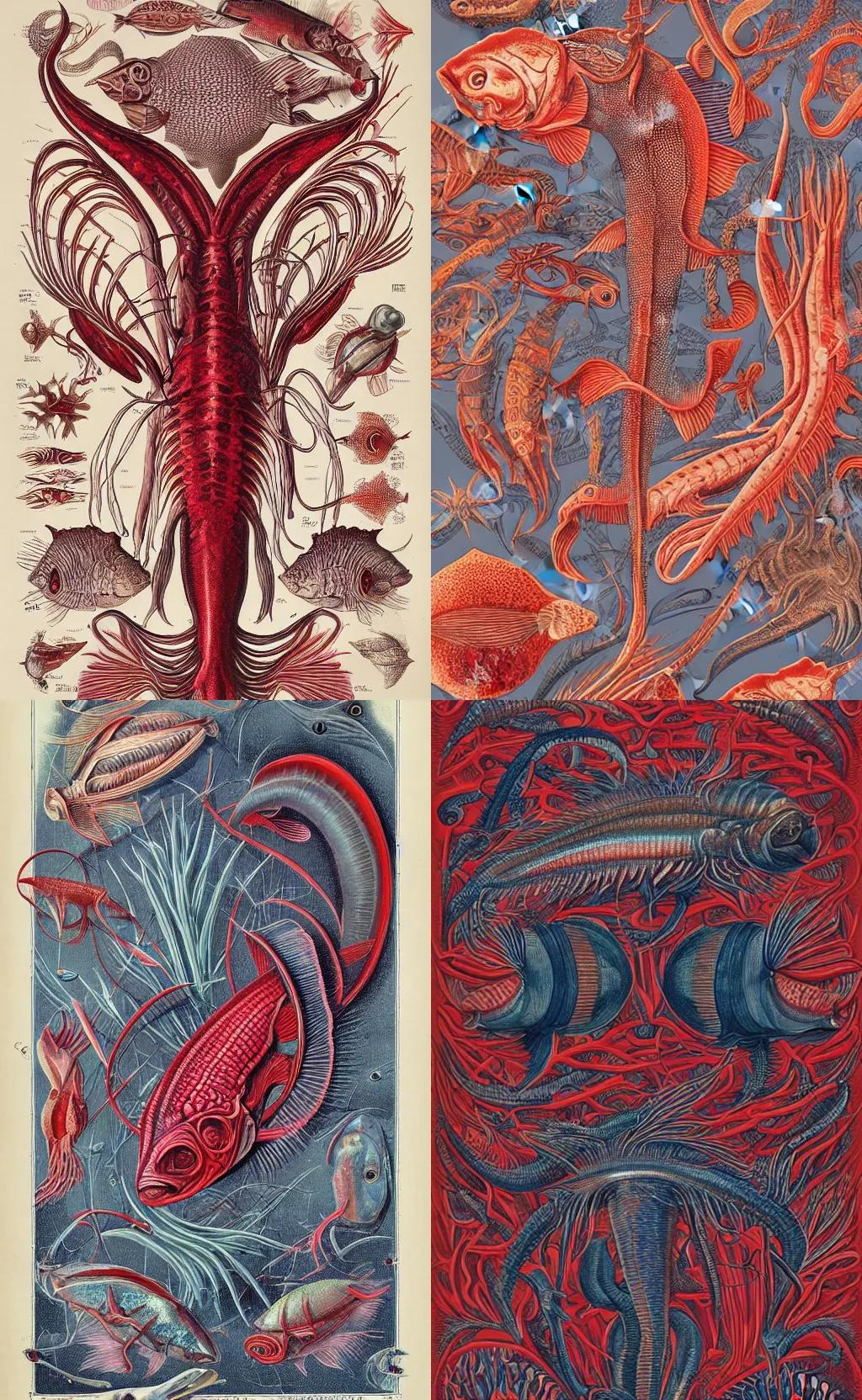 Prompt: alien fish vintage scientific zoological illustration style, made by Ernst Haeckel in victorian england style in saturated shades of red and dark blue--seed 719051071