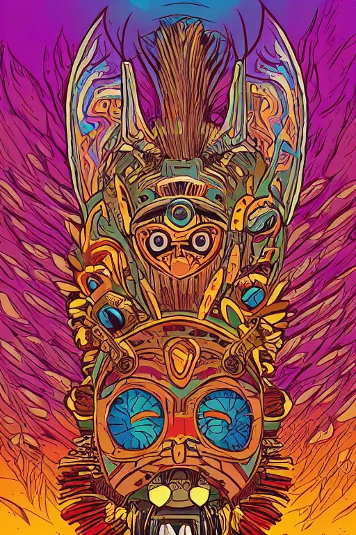 Image similar to totem animal mask tribal feather gemstone plant wood rock shaman vodoo video game vector illustration vivid multicolor borderlands comics by josan gonzales and dan mumford radiating a glowing aura