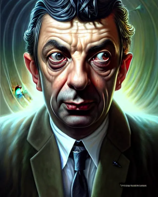 Image similar to lovecraft biopunk portrait of rowan sebastian atkinson by tomasz alen kopera and peter mohrbacher