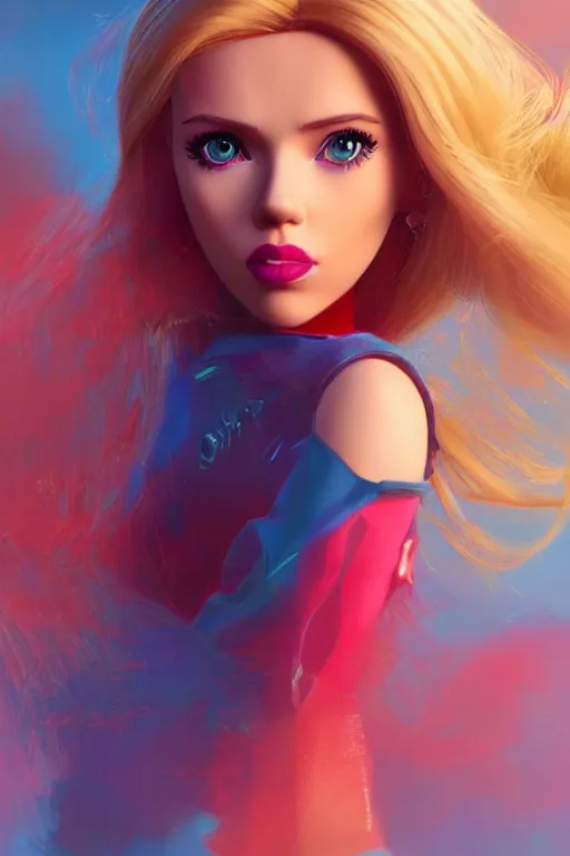 Prompt: Scarlett Johansson as a barbie doll, vivid colors, high details, cinematic, 8k resolution, beautiful detailed, photorealistic, digital painting, artstation, concept art, smooth, sharp focus, illustration, fantasy background, artstation trending, octane render, unreal engine