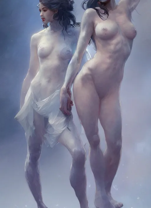 Image similar to a couple made of mist and water, full body view, beautiful high quality realistic fantasy art, trending on artstation by artgerm and greg rutkowski and alphonse mucha